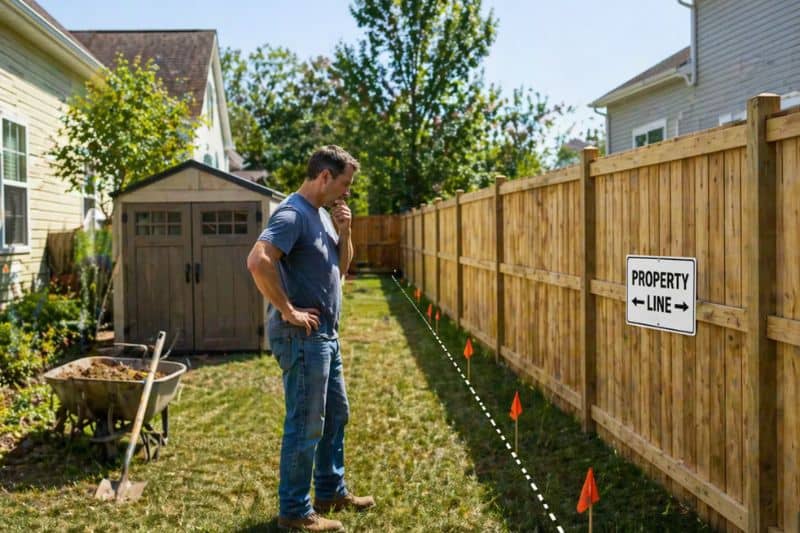 Homeowner inspecting fence placement along property line markers showing need for a boundary survey before building