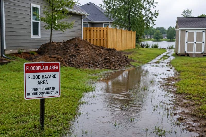 Backyard flooding and standing water near fence and shed showing drainage issues and need for floodplain review before building
