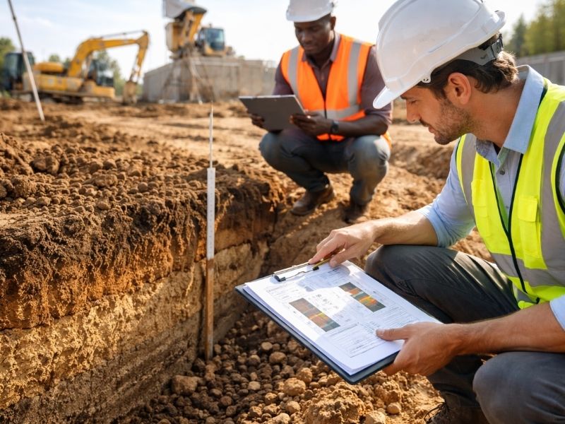 Engineers conducting an ALTA survey at a commercial construction site to review land conditions and project details