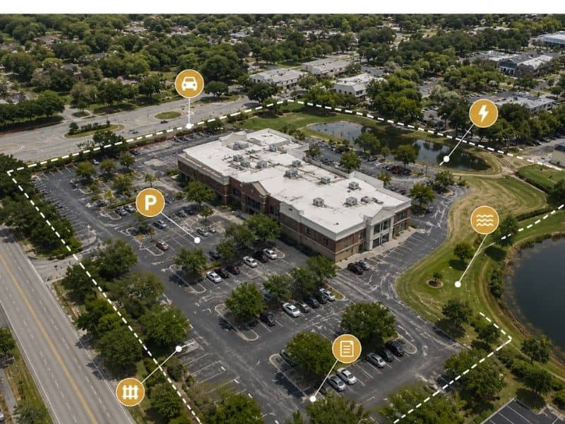 Aerial view of a commercial property showing survey boundaries, parking areas, utility locations, and access points