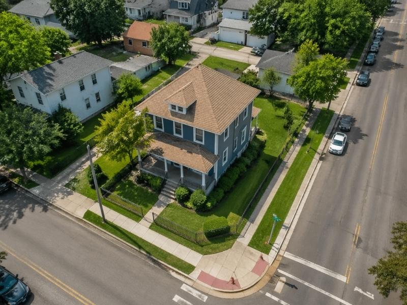 Aerial view of a residential corner lot showing property boundaries and lot layout in Daphne, Alabama