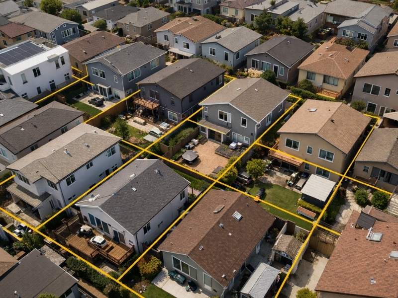 Aerial view of older residential properties with highlighted property lines and lot boundaries