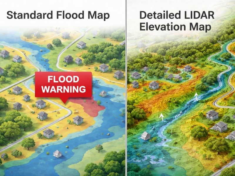 LiDAR mapping comparison showing a standard flood map beside a detailed elevation map with terrain and water flow analysis