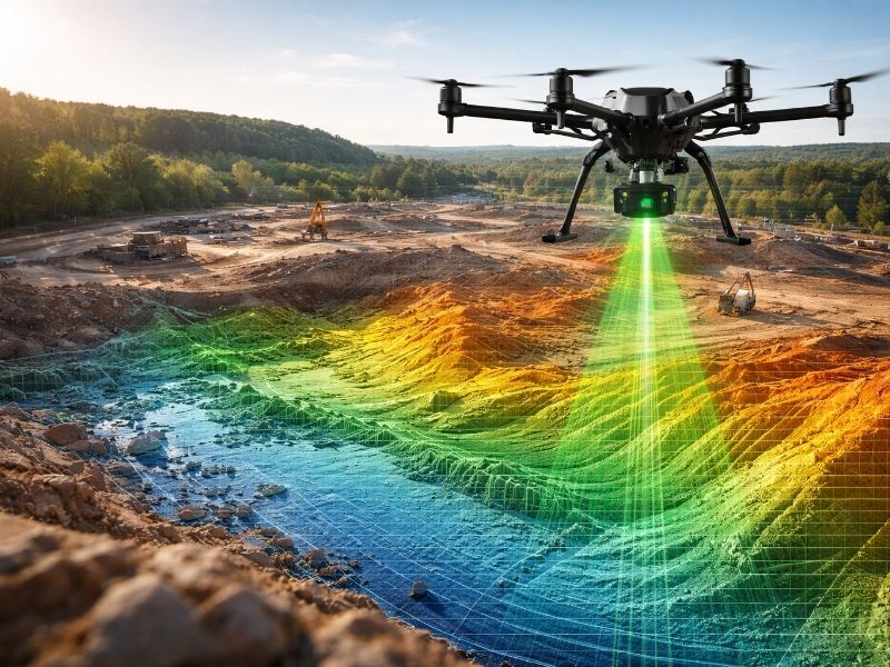 Drone performing LiDAR mapping over a development site with elevation data and terrain visualization for flood zone analysis