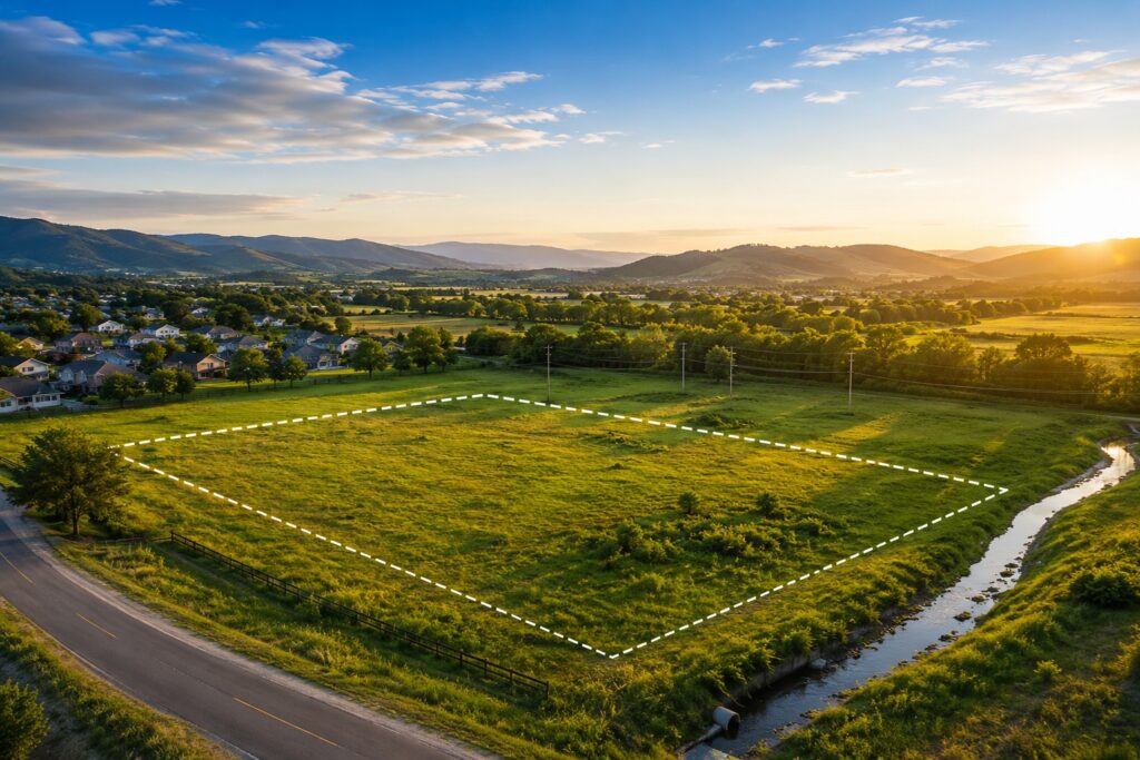 Aerial view of an undeveloped property parcel illustrating easements, access rights, and land development considerations