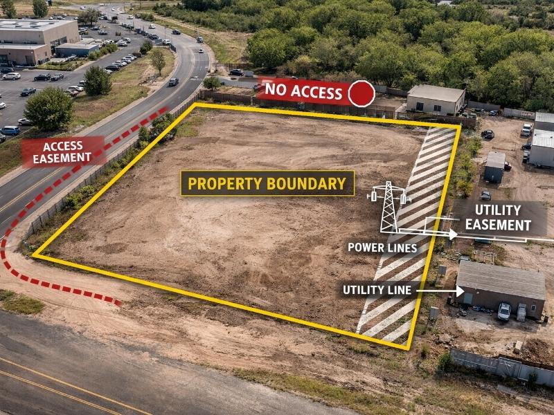 Aerial view of a property showing easements, property boundaries, utility lines, and access restrictions across a development site