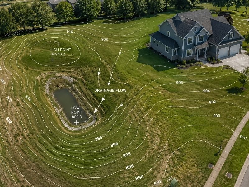 Aerial view of a residential property topographic survey showing contour lines, elevation points, and drainage flow patterns