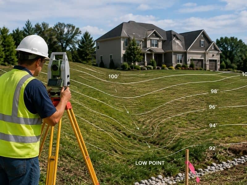 Land surveyor mapping elevation and drainage on a residential property before home construction
