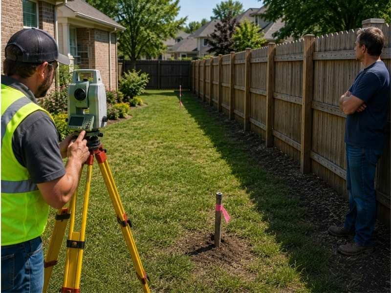 Boundary survey showing property markers and a fence line to help homeowners resolve fence line confusion