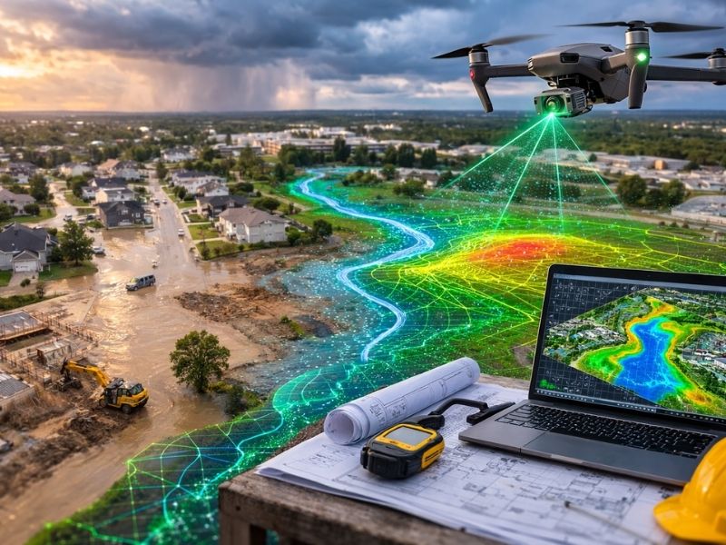 Drone LiDAR mapping showing elevation data and drainage flow analysis over a development site to identify flooding and grading issues