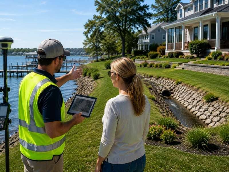 Elevation survey review with a surveyor and buyer discussing a waterfront property's drainage and elevation before closing.