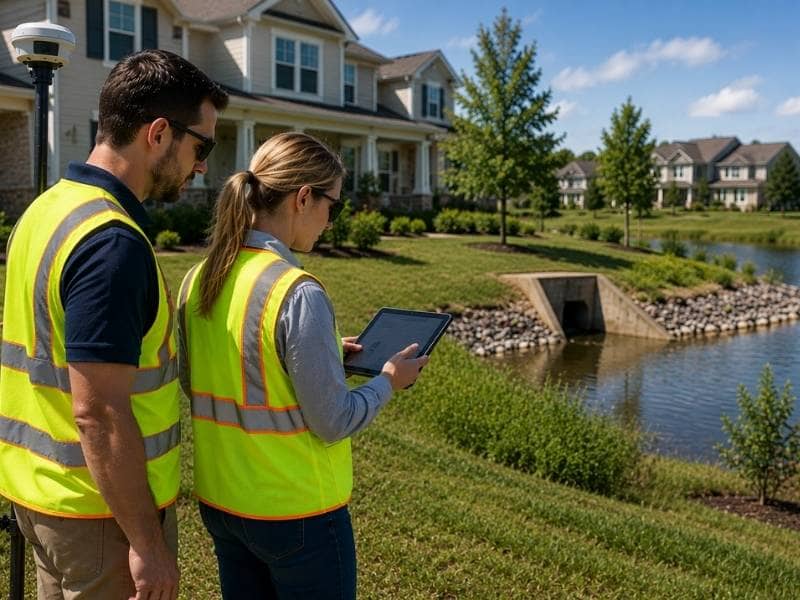 Flood survey review near a residential drainage area with professionals checking property data before insurance or financing approval.