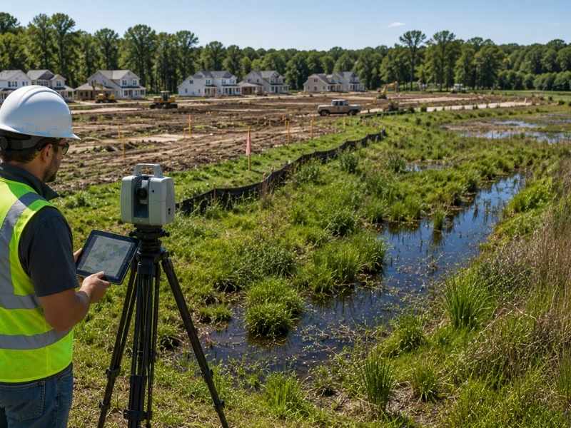 LiDAR mapping used by a land surveyor to evaluate wetlands, drainage ditches, and low ground near a residential development site