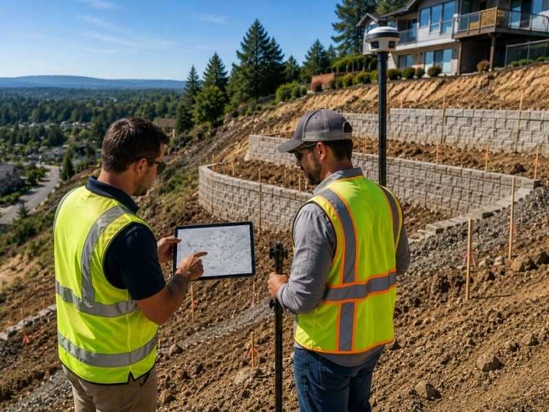 Topo survey review on a sloped lot showing surveyors checking grade data before retaining wall and grading work.