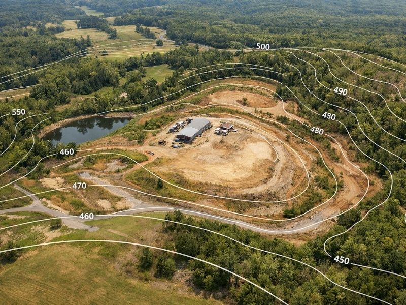 Aerial view of a development site with contour lines and elevation data used for topographic mapping and grading design