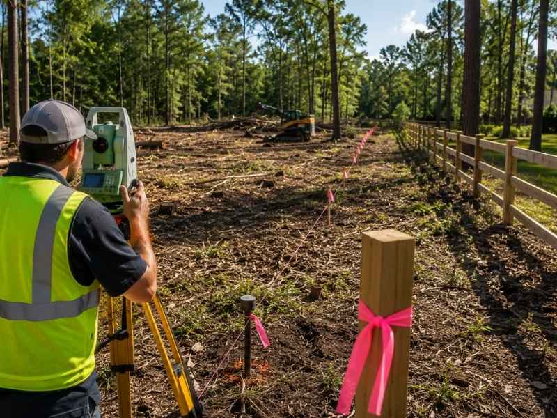 Boundary survey before tree clearing fencing lot cleanup - Daphne Land Surveying Boundary survey showing marked property lines before tree clearing, fence installation, and lot cleanup on a rural residential property.