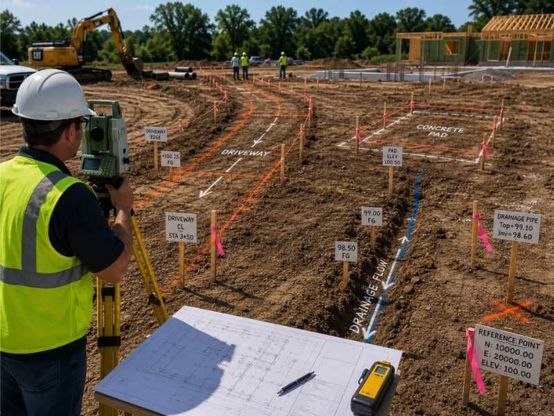 Construction Staking marking driveway edges, building pads, and drainage routes before construction crews and heavy equipment begin site work.