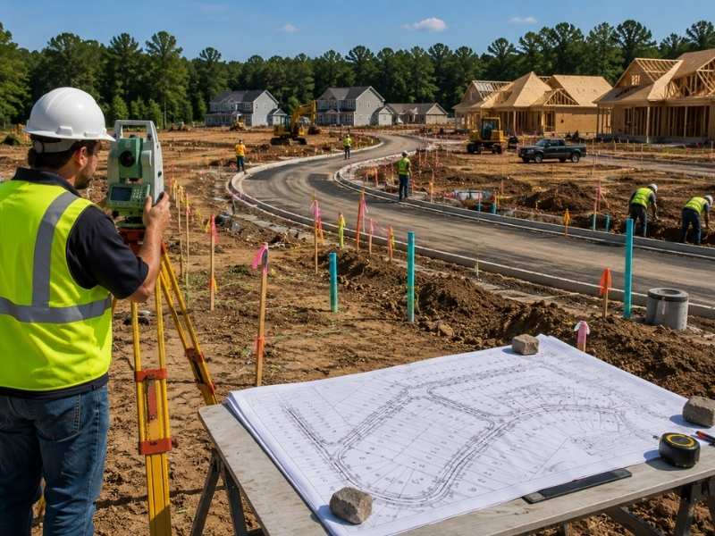 Construction staking survey guiding road layout, utility installation, and lot corner staking during a residential subdivision development.