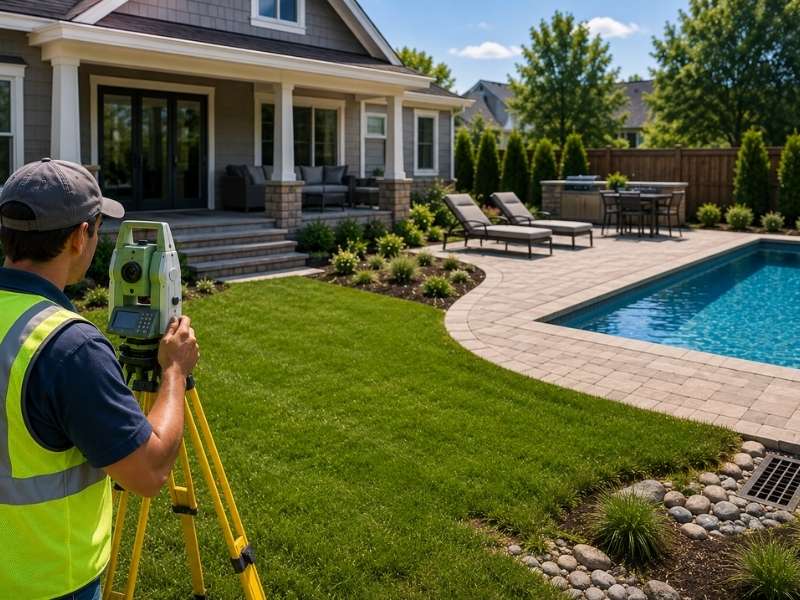 Elevation survey being performed in a residential backyard before building a home addition, swimming pool, patio, and outdoor living space.