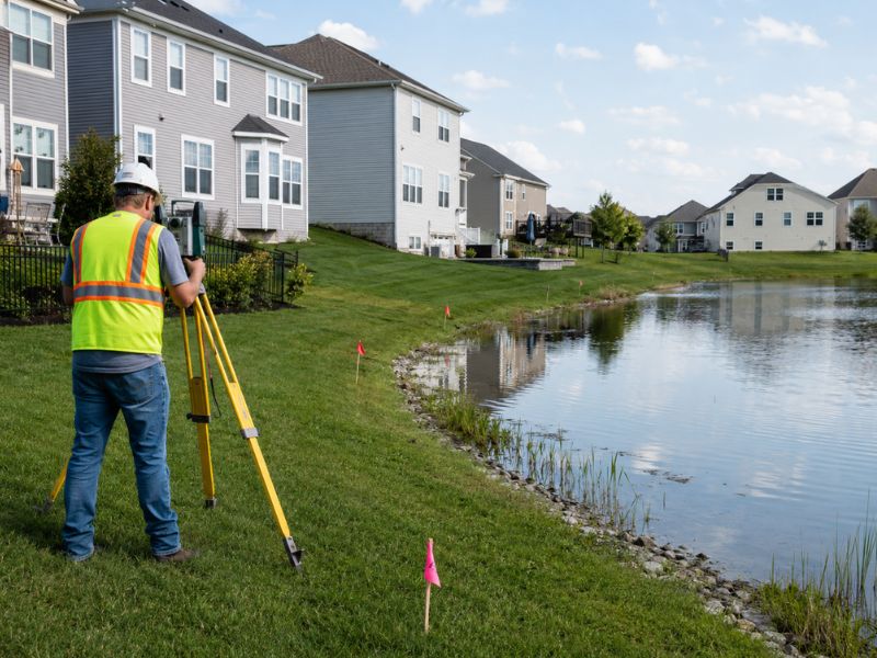 A surveyor in a high-visibility vest and hard hat sets up a tripod in a grassy lakeside neighborhood for land surveying.