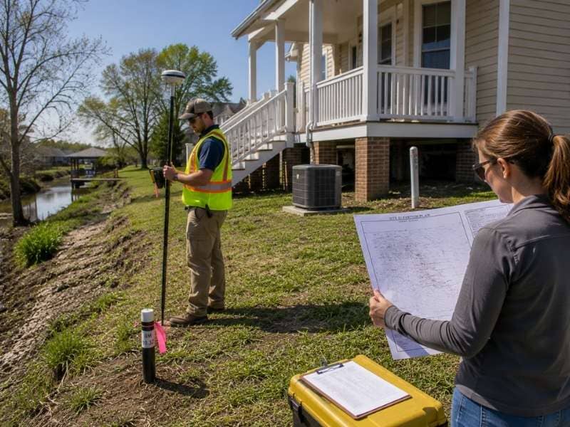 Flood survey in progress measuring ground and building elevations near a residential property located by a creek in a FEMA flood-prone area.
