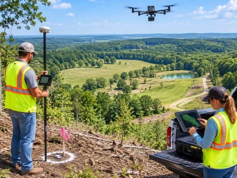 LiDAR mapping and topographic survey crew collecting aerial and ground data across a large rural parcel with wooded terrain and open fields.
