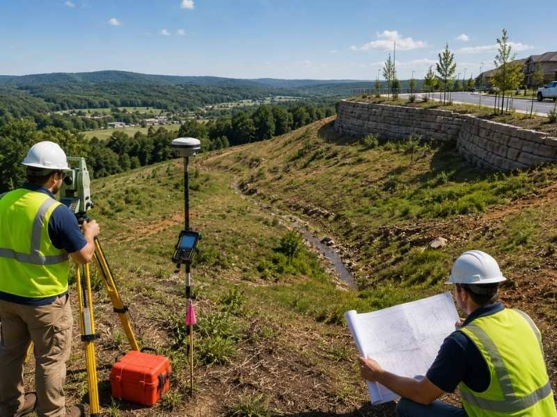 Topo survey crew collecting elevation and drainage data on a sloped site before engineering design and construction planning.
