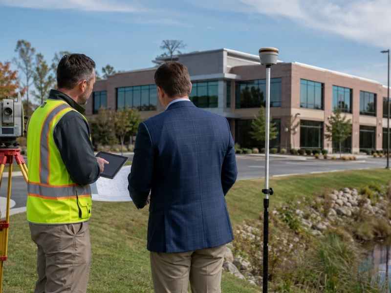 Alta survey flood zone information lender daphne alabama - Daphne Land Surveying Two men stand in a parking lot by a modern office building, one in a neon safety vest holding a tablet while a tripod-mounted survey device sits nearby.