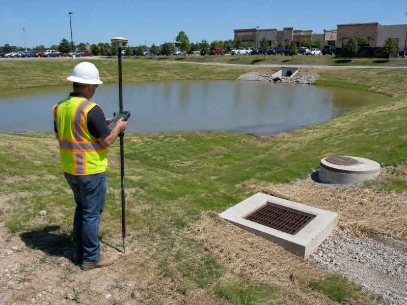 Worker in a neon safety vest and hard hat holds a surveying pole by a pond in a park-like area with a storm drain nearby