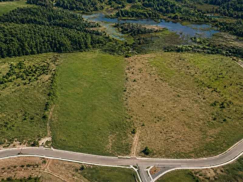 Aerial view of two adjacent plots: lush green field on the left and dry brown field on the right, with a curved road at the bottom.