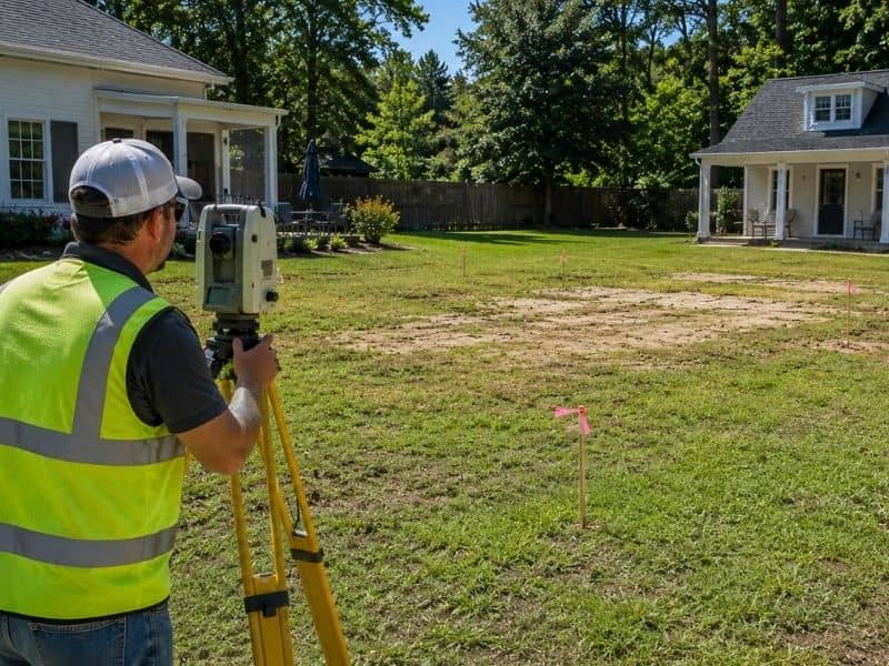 daphne-lot-survey-detached-guest-house - Daphne Land Surveying Surveyor using equipment to assess a residential lot in Daphne, Alabama, before adding a detached guest house.
