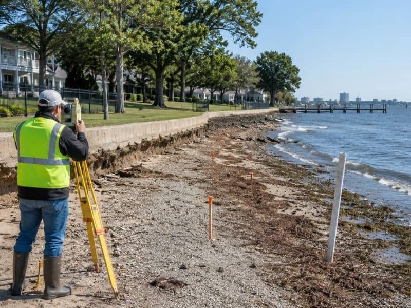 daphne-property-line-markers-waterfront-shoreline - Daphne Land Surveying Surveyor examining property line markers along an eroded waterfront shoreline near bayfront residential lots in Daphne, Alabama.