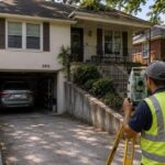 Surveyor measuring a home with a sunken garage for an elevation certificate in a low-lying neighborhood.